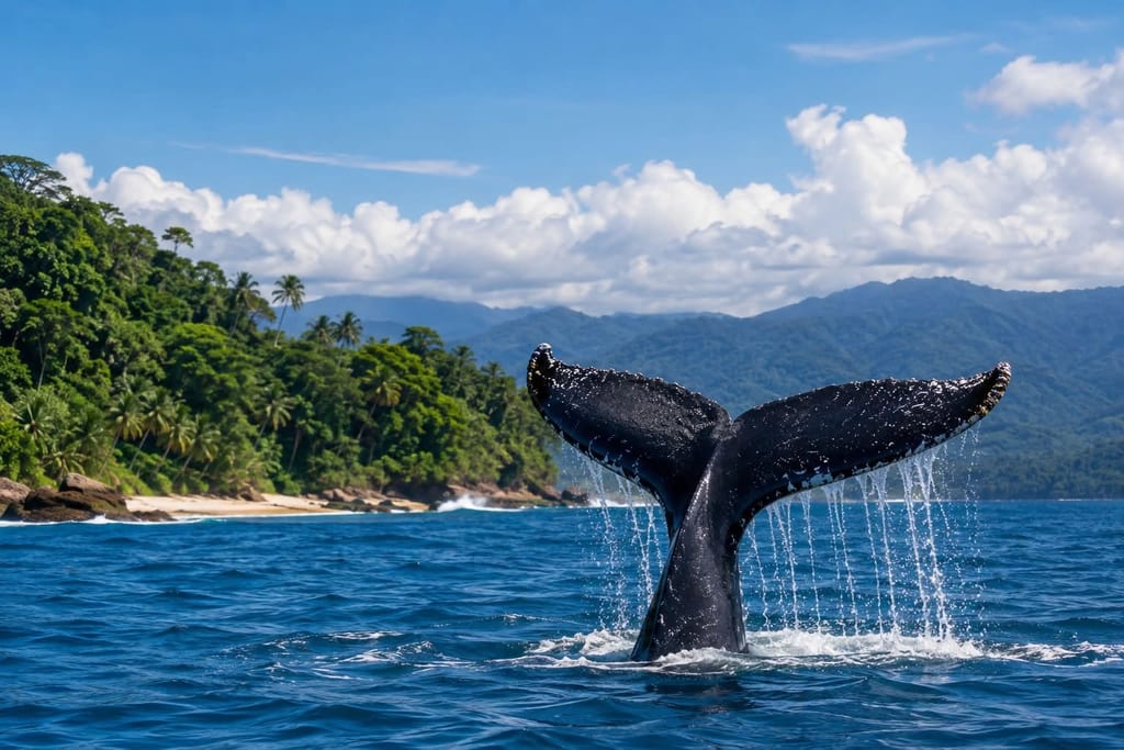 Humpback whale tail rising from the water off the Costa Ballena coast, Costa Rica