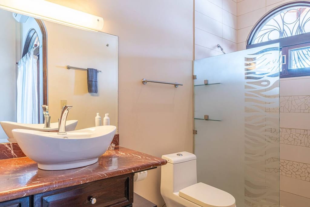 Guest ensuite bathroom with vessel sink, mirror and walk-in shower