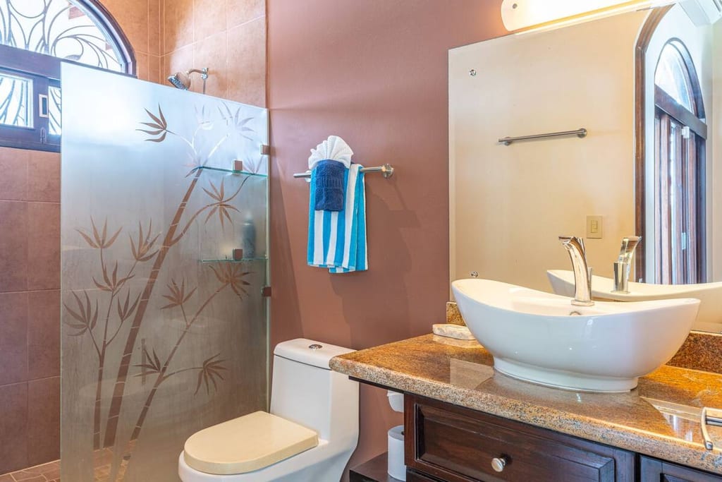 Guest ensuite bathroom with vessel sink and glass walk-in shower