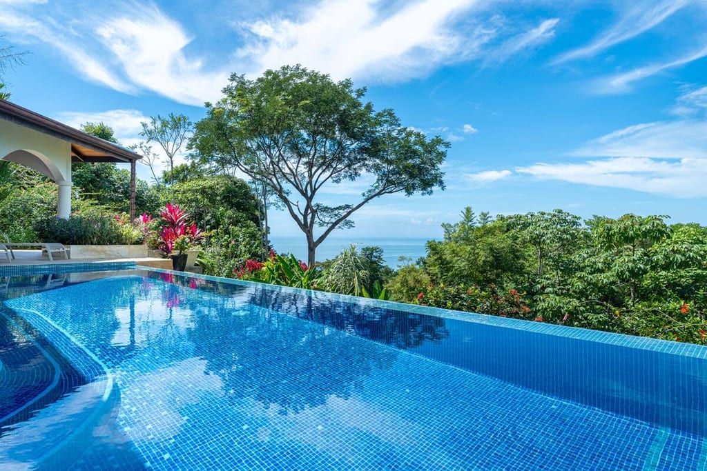 Infinity pool overlooking rainforest and the Pacific ocean under a blue sky