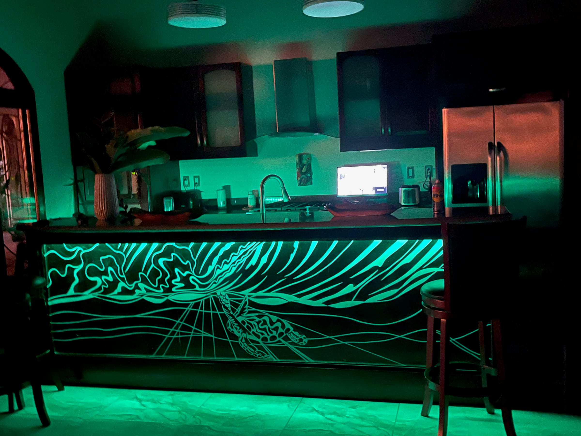 A turtle etched into the glass bar top at Casa Rosa Blanca, lit from beneath by colour-changing LEDs — a nod to Casa Tortuga, the house's original name